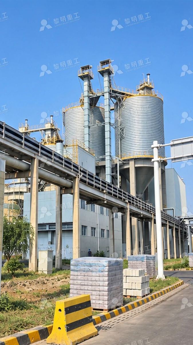 河北某电厂厂区,脱硫石灰石粉储仓与输送管廊